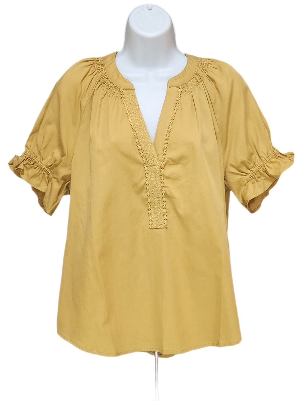 Wit & Wisdom Lace Trim Smocked Split Neck Short Sleeve Woven Blouse Top Dijon S